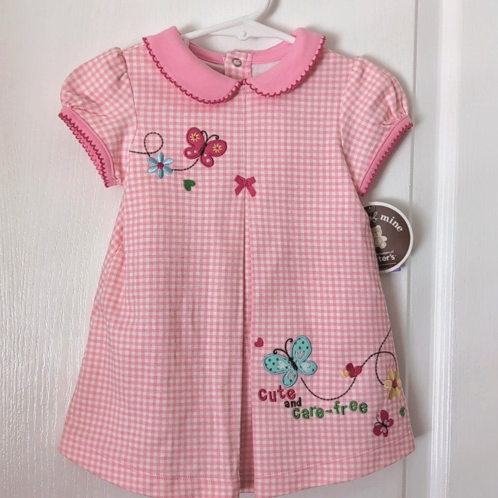 Carter's Pink/White Check 2 Pc Dress Set. Size 12 mos. Embroidered. Butterfly